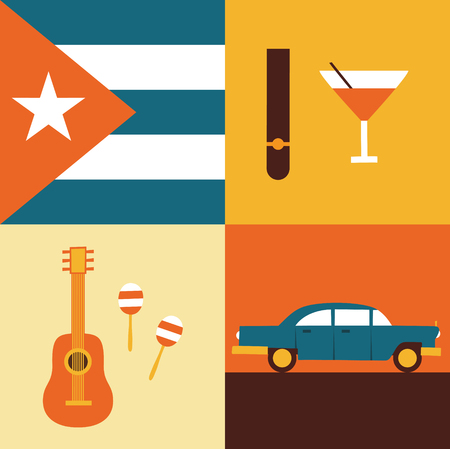 Vector flat illustration, icon set of Cuba: flag, cigars, cocktails, guitar maracas retro carのイラスト素材