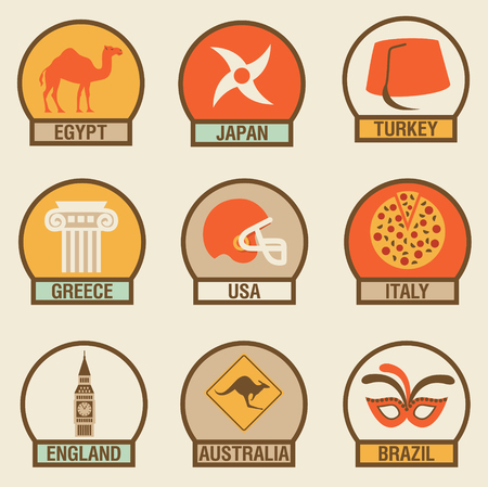A Vector flat illustration, icon set of Country: Egypt, Japan, Turkey, Greece, USA Italy England Australia Brazilのイラスト素材
