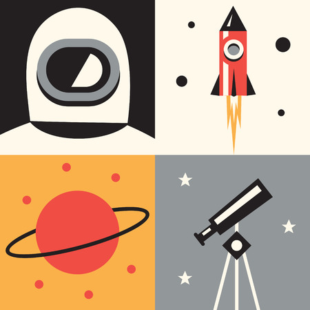 Vector Flat illustration, icon set of space: astronaut, rocket, planet telescopeのイラスト素材