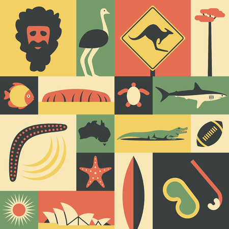 Australia, vector flat illustration, icon set, landmark. Man, ostrich, road sign, tree, fish, mountain, turtle shark boomerang map world starfish crocodile sport opera surfing maskのイラスト素材