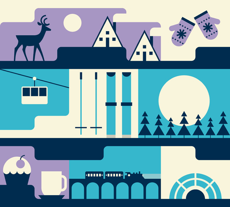 Vector illustration icon set of winter: mittens, deer, house, forest, skis, lift, cake, coffee, train, icehouseのイラスト素材