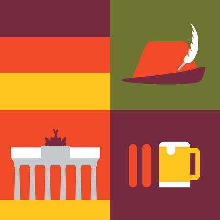 Vector illustration icon set of Germany: flag, hat, monument, sausage beerのイラスト素材