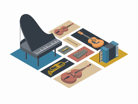 Music, vector isometric concept illustration, icon set, poster, 3d. Musical instruments: grand piano, bass, trumpet, accordion, guitar, xylophone, harmonica, violinのイラスト素材