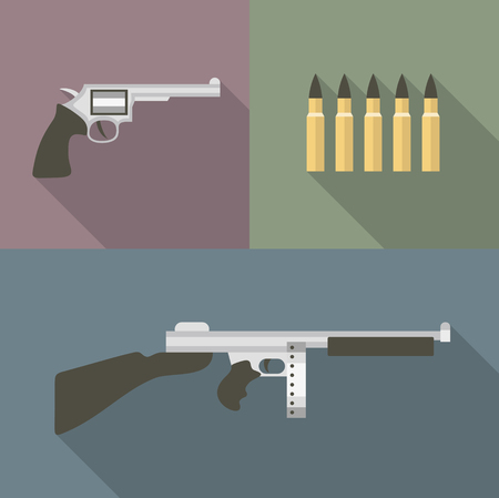 Vector flat illustration, icon set of gun: pistol, bullet automaticのイラスト素材