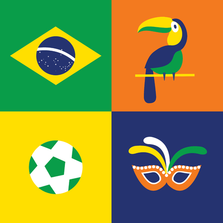 Vector flat illustration, icon set of Brazil: flag, bird, mask footballのイラスト素材