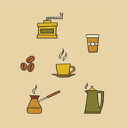 Outline illustration icon set of coffee: mug, coffee maker, coffee grinder, beans, kettle, coffee to goのイラスト素材