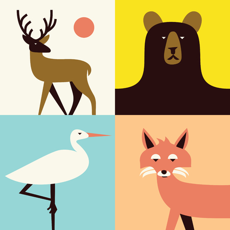 Vector animal icon set: deer, bear, heron, foxのイラスト素材