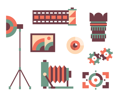 Vector flat illustration, icon set of photo: camera, lens, eye, focus film umbrellaのイラスト素材