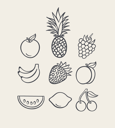 Vector illustration icon set of fruit: apple, pineapple, raspberry, banana, strawberry, peach watermelon lemon cherryのイラスト素材