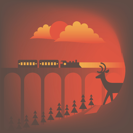 Vector forest illustration, deer, train, treesのイラスト素材