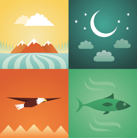 Vector flat illustration, icon set of nature: mountain, crescent, eagle fishのイラスト素材