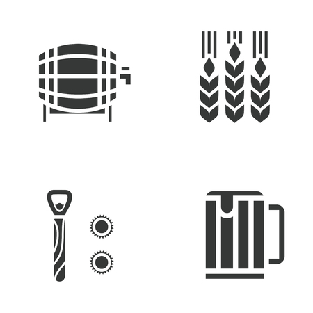 Vector flat illustration, icon set of beer: barrel, bottle opener, malt, beer mugのイラスト素材