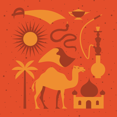 Vector flat illustration, icon set of desert. sun, snake, knife, landscape, camel magic hookahのイラスト素材