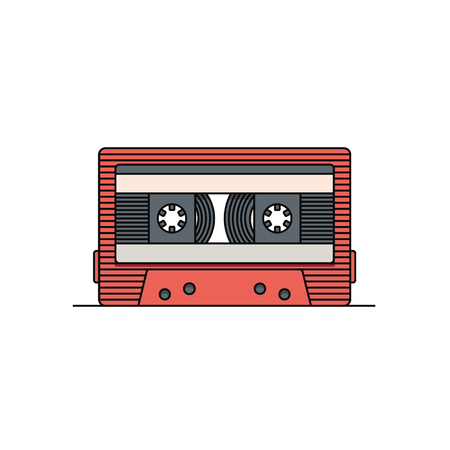 Old school compact cassette tape, vector flat illustration, outline icon, white background.のイラスト素材
