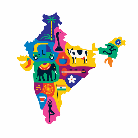 Vector flat illustration of detailed map of India, Asia with all landmarks. Palm tree, elephant, car, pepper, tea, yoga, flag, sitar lotus flower cowのイラスト素材
