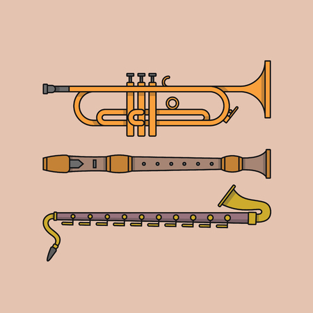Vector illustration of musical instrument. Outline icon set. Trumpet, flute, clarinet. Collection.のイラスト素材