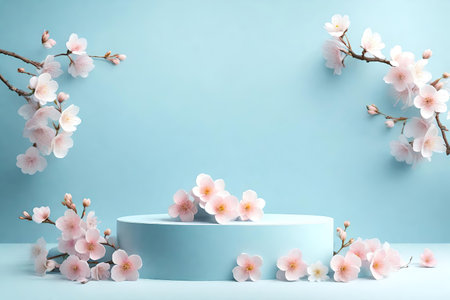 Blue podium with cherry blossom (Sakura) flowers on blue background. 3d renderingの素材