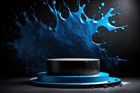 Blue paint splashes and podium on black background. 3d renderingの素材