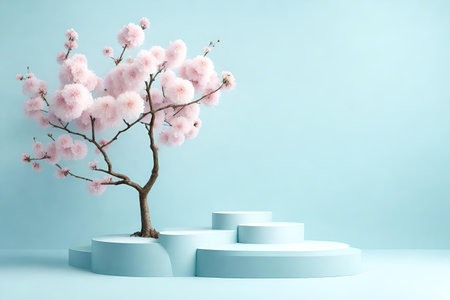 Cherry blossom (sakura) and podium on blue background. 3d renderingの素材