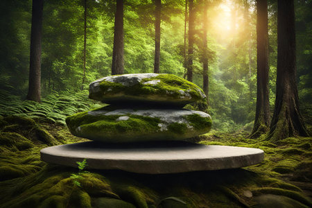 Stone podium in the green forest. 3d rendering. nature conceptの素材