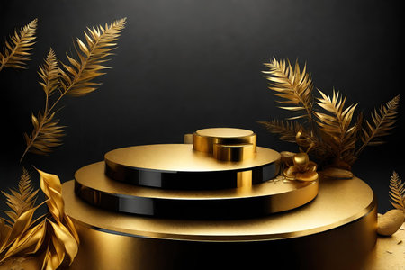 3d render of black podium with golden leaves on black background.の素材