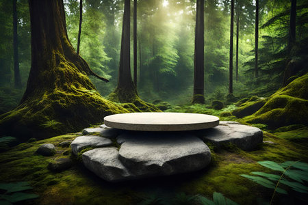 Empty podium in the green forest. 3d rendering.の素材