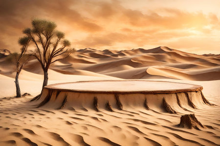 Desert cosmetic podium with landscape, tree and sand dunes at sunset time.の素材