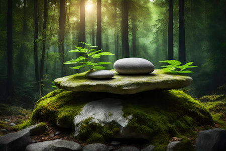 Zen stones podium in the forest with green moss. 3d renderingの素材