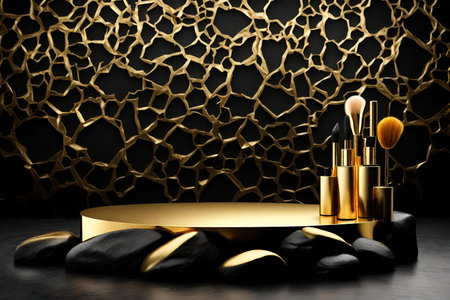 3d render of cosmetic product display podium with golden marble background.の素材
