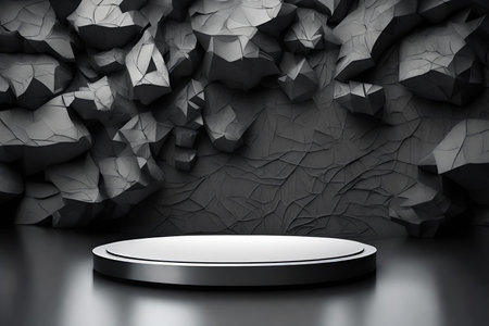 Black podium on a dark background. 3d rendering, 3d illustration.の素材
