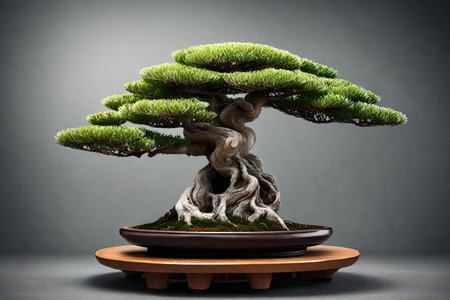 Bonsai tree in pot on gray background. 3d renderingの素材