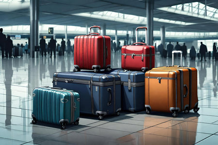 3d rendering of a group of travel suitcases in the airportの素材