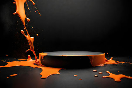 Black cosmetic podium with orange paint splashing on black backgroundの素材