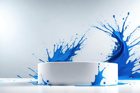 blue paint splash and a white podium isolated on a white backgroundの素材