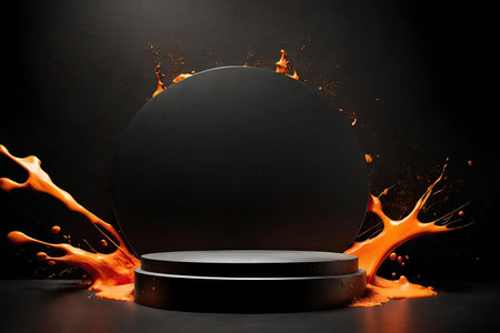 Black round podium with orange paint splash on black background. 3d renderingの素材