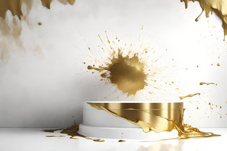 3d rendering of golden paint splash on white background with podium.の素材