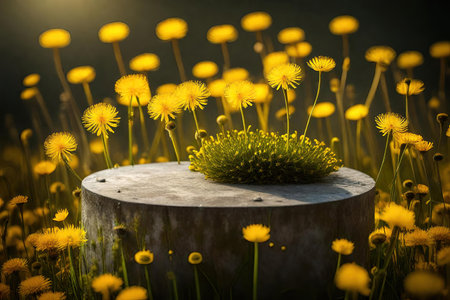 Yellow dandelions in the meadow at sunset. nature backgroundの素材