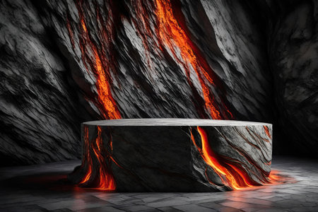 Stone podium with lava and rock backgroundの素材