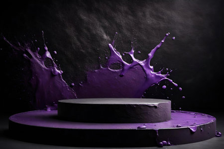 Product podium with purple paint splash on black background. 3d renderingの素材