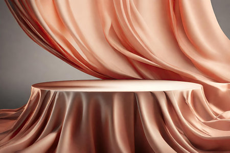 pink satin curtain with podium on gray background.の素材