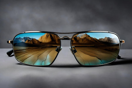 Sunglasses with reflection of mountains and sky in the lenses.の素材