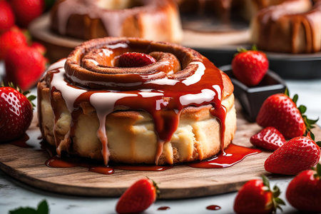 Strawberry cinnamon roll with chocolate icing and fresh strawberries on a wooden boardの素材