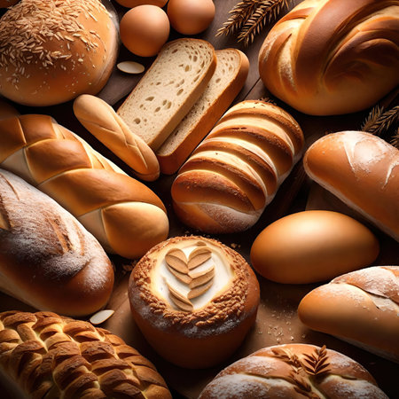 Assortment of baked bread on wooden table background. top view.の素材