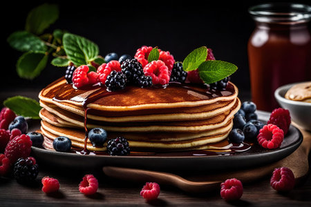 Pancakes with fresh berries and maple syrup on dark wooden backgroundの素材