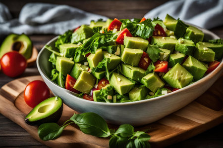 Avocado salad with tomatoes and basil in a bowl on wooden backgroundの素材