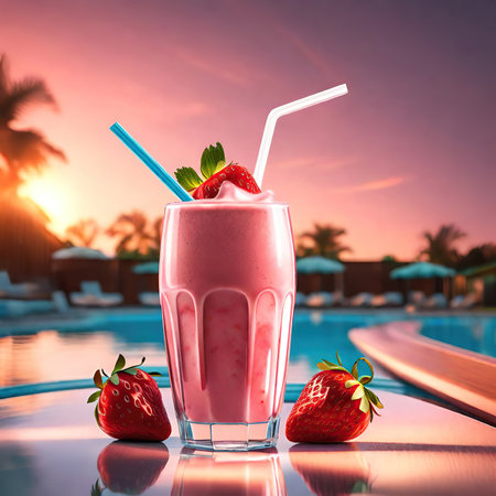 Strawberry milkshake in glass on swimming pool at sunsetの素材