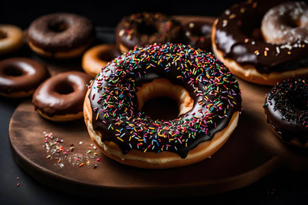 Chocolate donuts with sprinkles on a black backgroundの素材