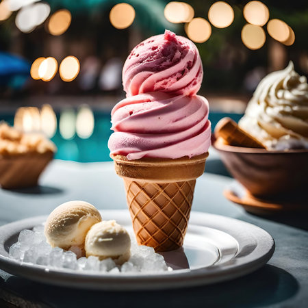 Cherry Ice cream in waffle cone on table with bokeh backgroundの素材