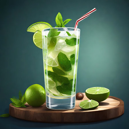 Mojito cocktail with lime, mint and ice cubes on dark blue backgroundの素材