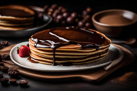 Delicious pancakes with chocolate and strawberries on dark background, closeupの素材